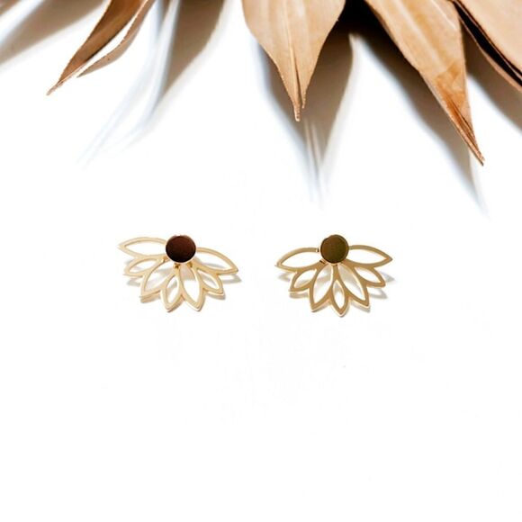 Gold lotus stud earrings S391 - Picture 2 of 4